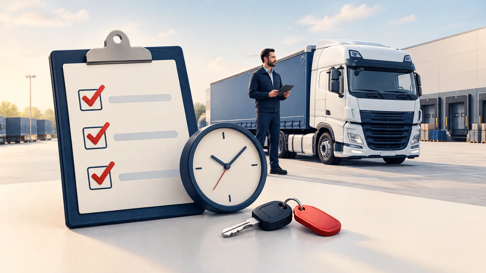Illustration: Checkliste, Uhr und LKW-Schlüssel für einen einfachen Bewerbungsprozess