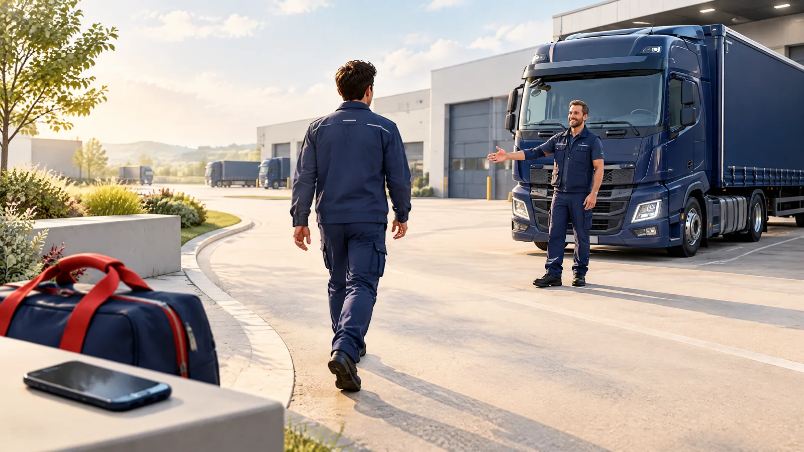 Illustration: Ein neuer Fahrer wird an seinem ersten Arbeitstag im Fuhrpark begrüßt
