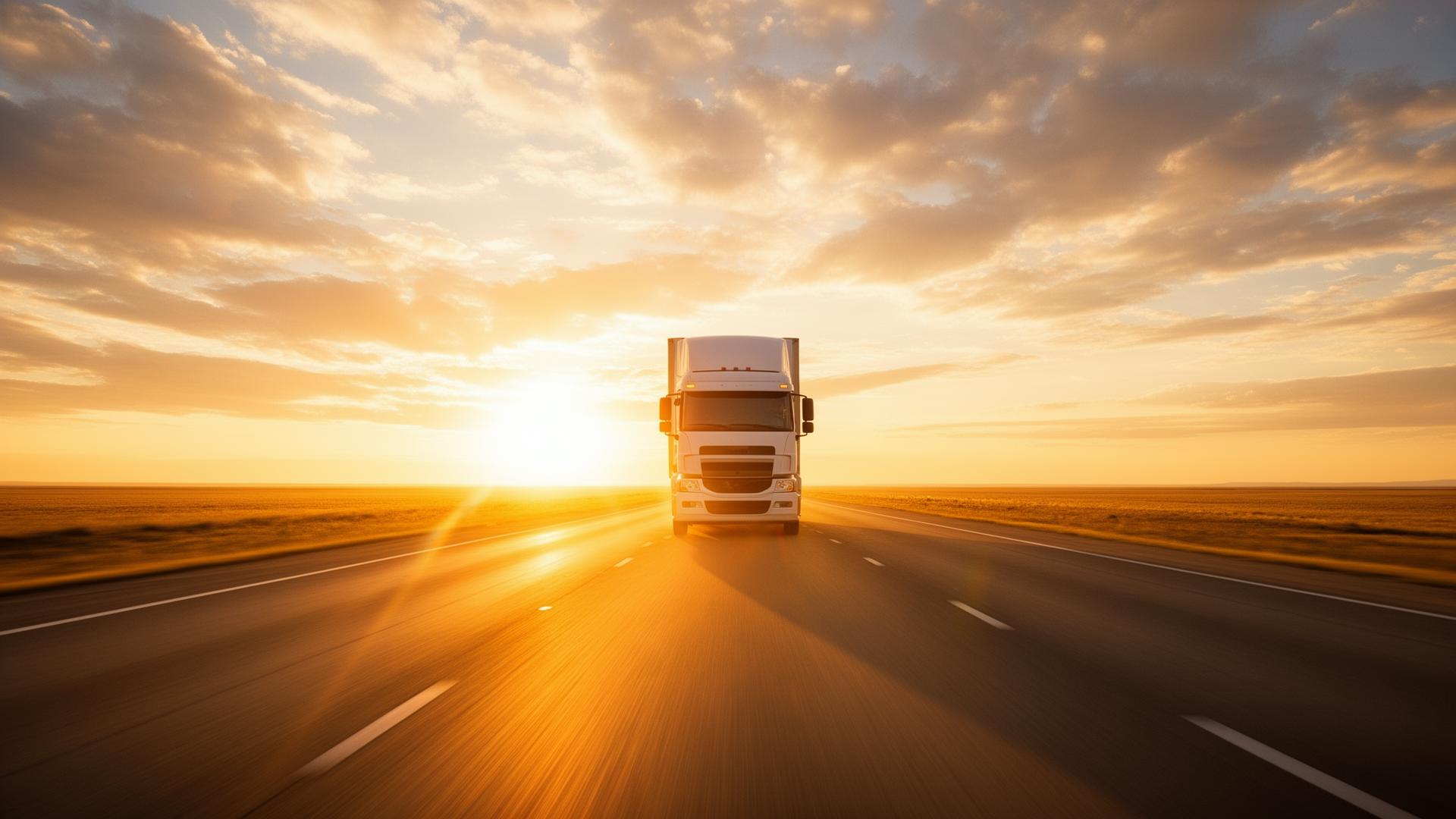 LKW auf der Autobahn im Sonnenaufgang - rollende Fahrzeuge dank besetzter Fahrerstellen