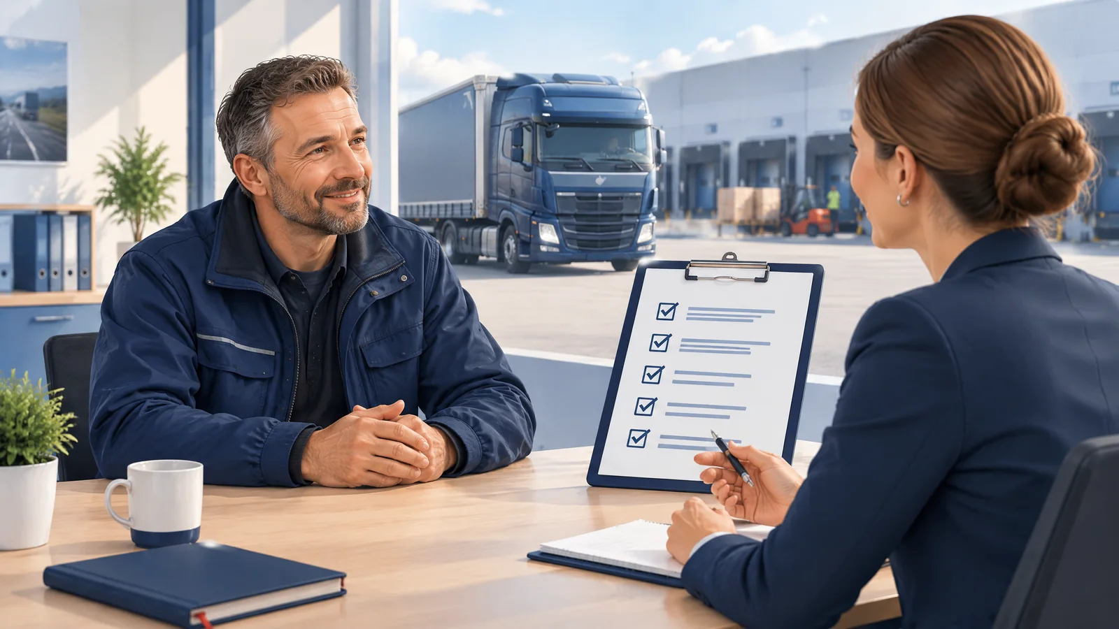 Illustration: LKW-Fahrer und Personalverantwortliche im strukturierten Bewerbungsgespräch