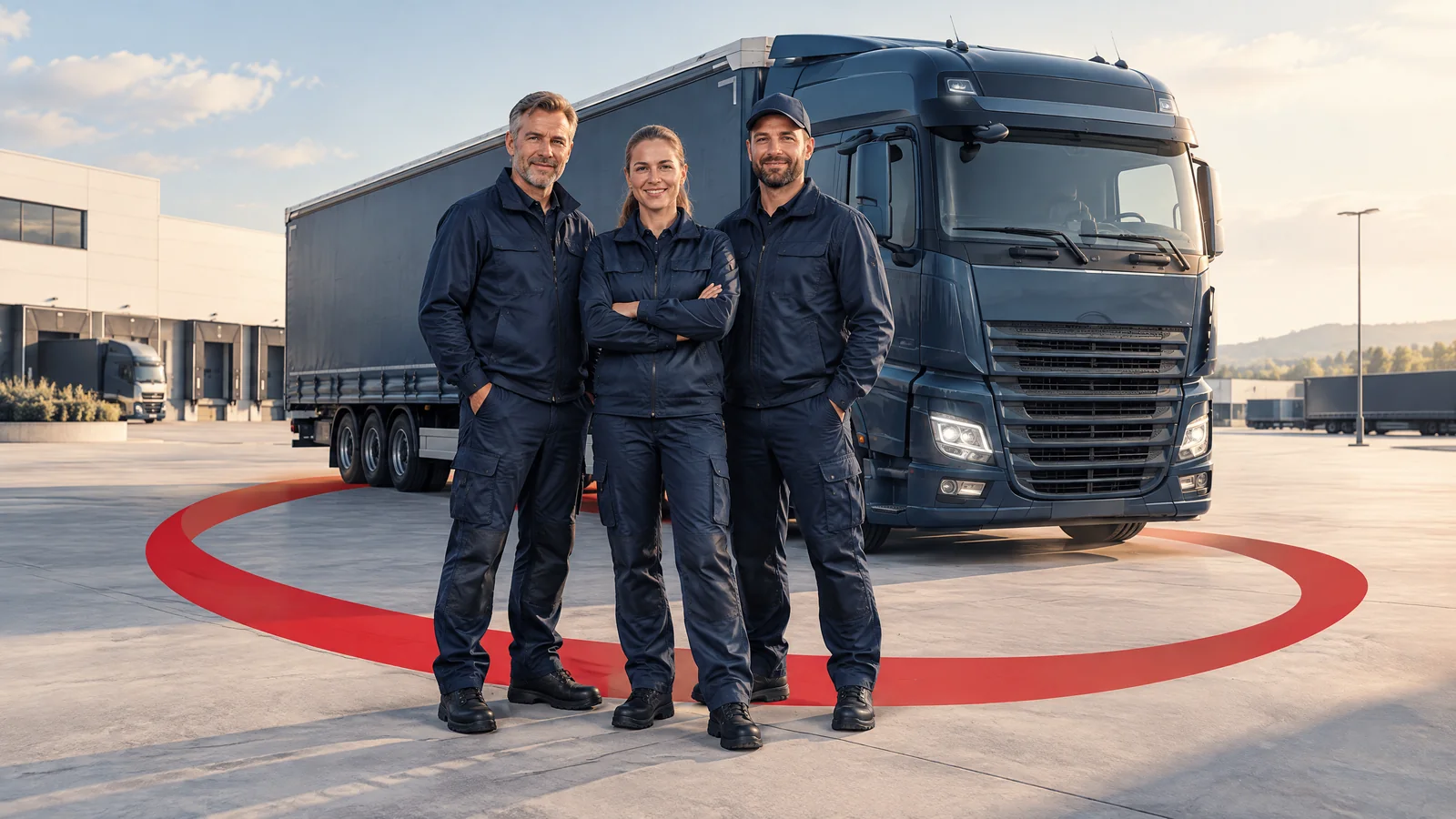 Illustration: Ein eingespieltes Fahrerteam vor einem LKW als Motiv für langfristige Mitarbeiterbindung