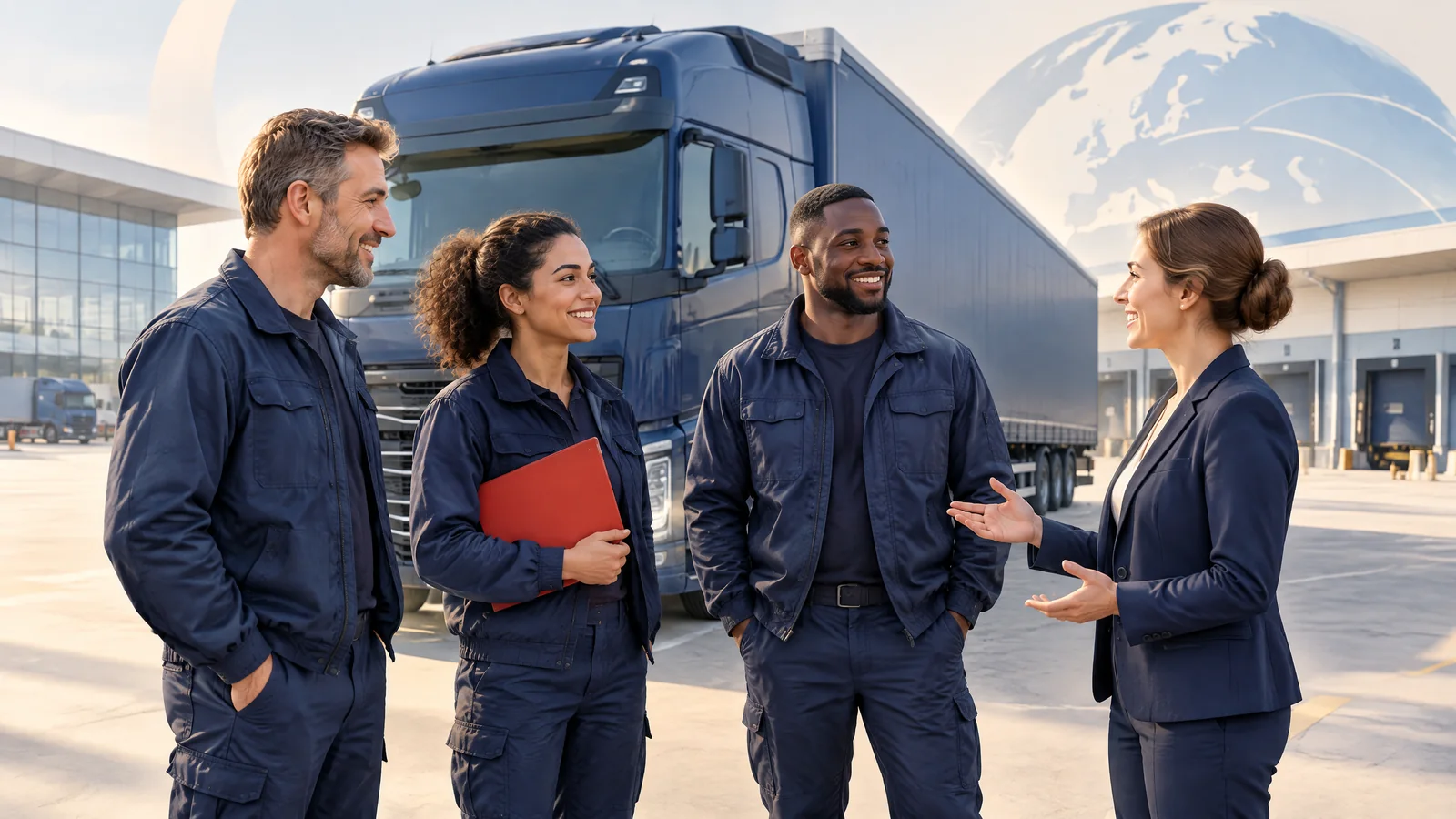 Illustration: Internationales Fahrerteam wird von einer Logistikmanagerin begrüßt