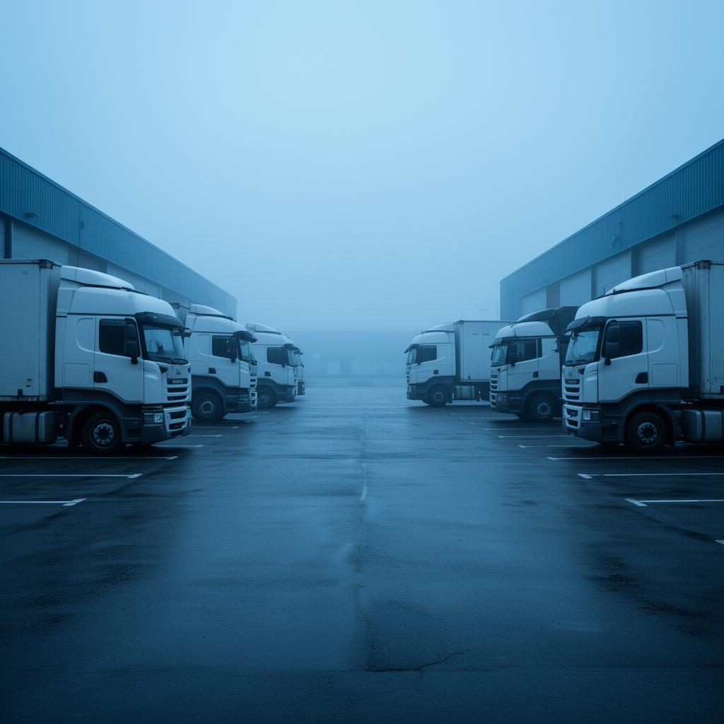 Stehende LKW auf einem leeren Speditionshof - ungenutzte Fahrzeuge durch fehlende Berufskraftfahrer
