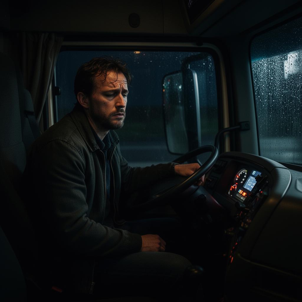 Übermüdeter LKW-Fahrer in der Fahrerkabine bei Nacht - Überlastung durch unbesetzte Stellen