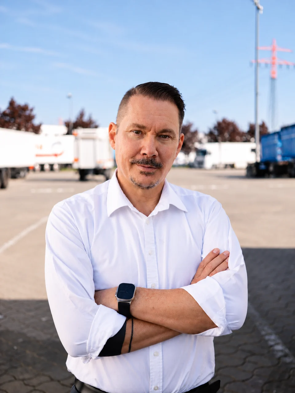 Tobias Stancke auf einem Speditionshof mit LKW im Hintergrund