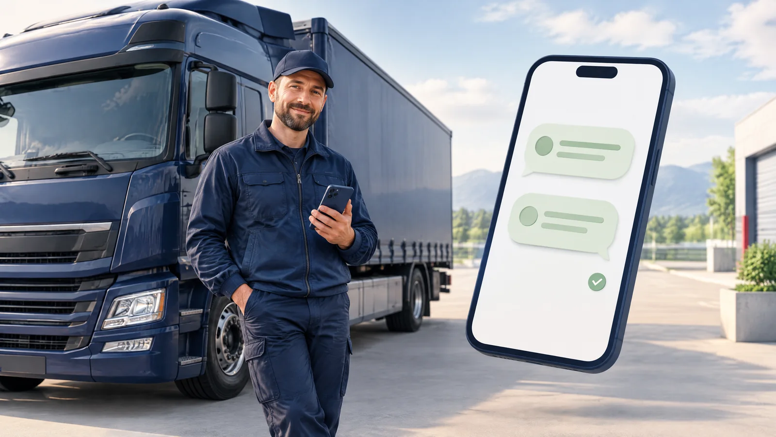 Illustration: Berufskraftfahrer mit Smartphone und Chatnachrichten neben einem LKW
