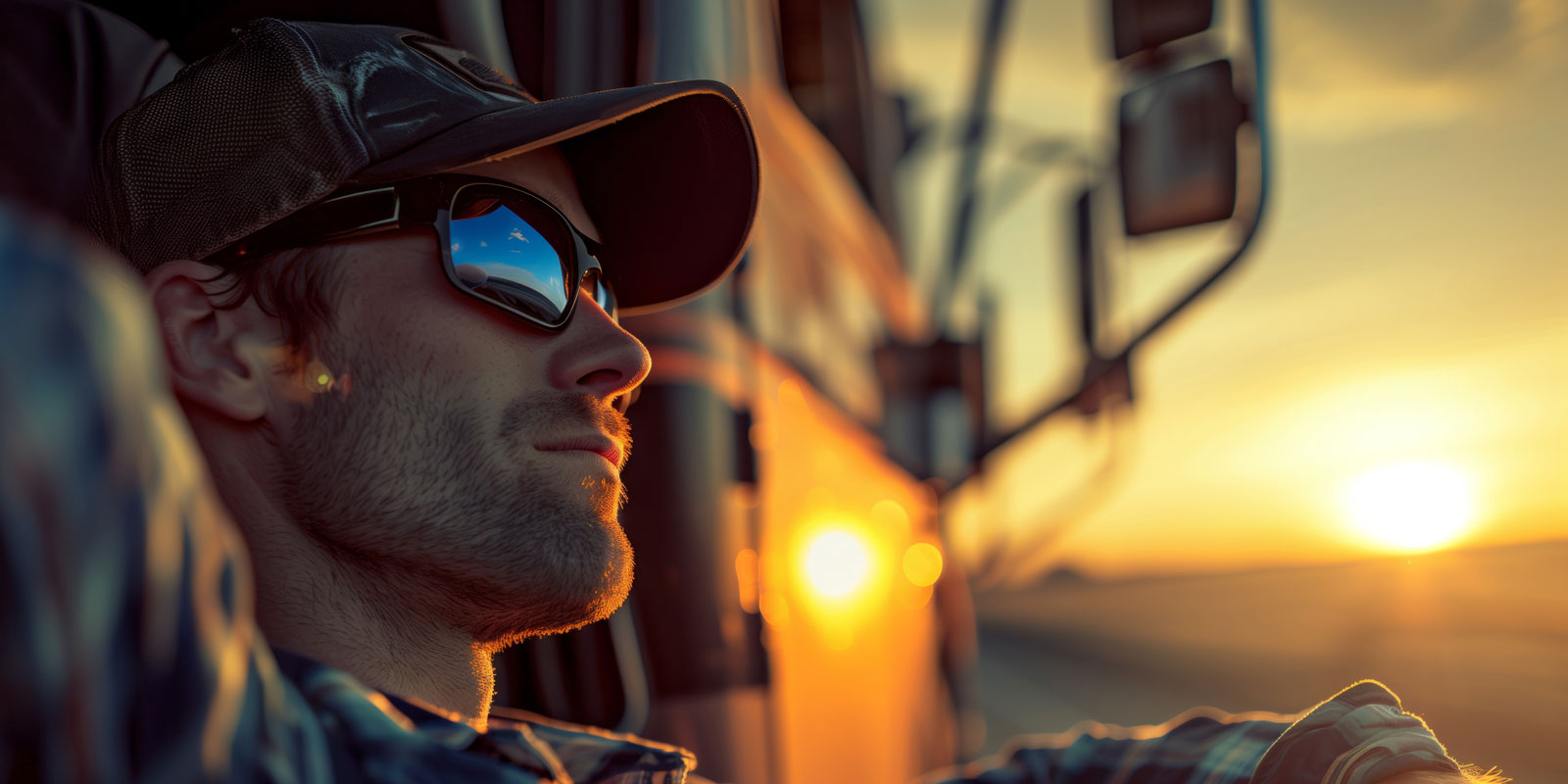 entspannter qualifizierter Lkw-Fahrer sitzt an seinem LKW hat eine Sonnenbrille auf im Hintergrund geht die Sonne unter